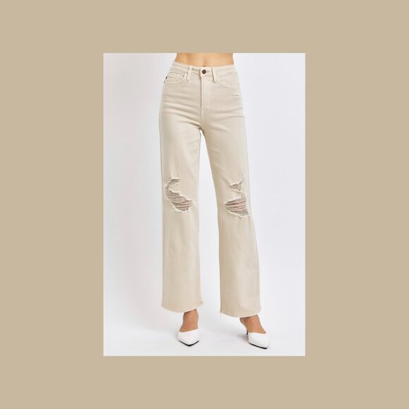 Judy Blue Full Size High Waist Distressed Wide Leg Jeans - Picture 1 of 4